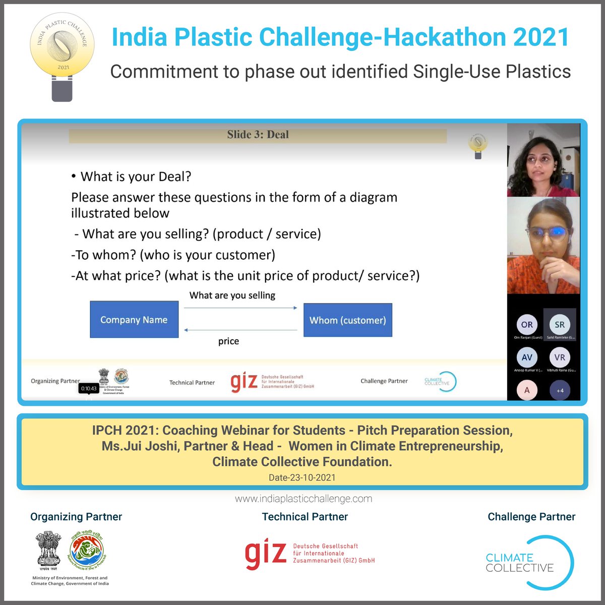 india_plastic's tweet photo. Day 6 of India Plastic Challenge-Hackathon 2021- An interactive coaching webinar by Dr.Ashok Menon, SABIC. The day had mentoring sessions for the startups by four experts. A pitch preparation session was done by Ms.Jui Joshi,Climate Collective.@CCollectiveNet @moefcc @NITIAayog https://t.co/uMALX18lkX