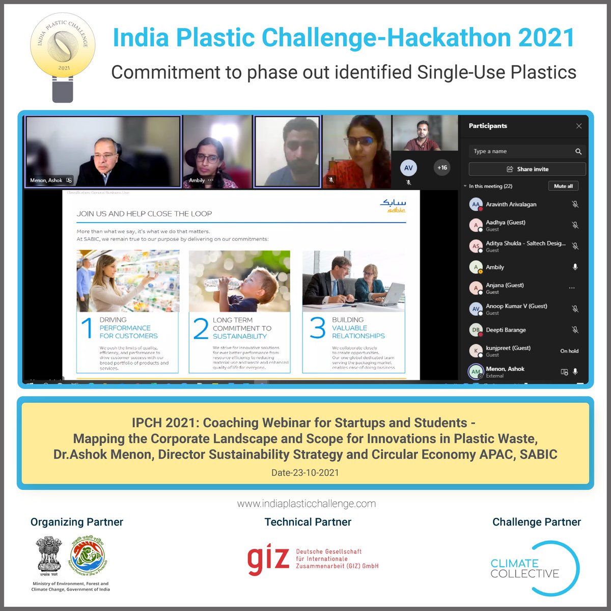 india_plastic's tweet photo. Day 6 of India Plastic Challenge-Hackathon 2021- An interactive coaching webinar by Dr.Ashok Menon, SABIC. The day had mentoring sessions for the startups by four experts. A pitch preparation session was done by Ms.Jui Joshi,Climate Collective.@CCollectiveNet @moefcc @NITIAayog https://t.co/uMALX18lkX