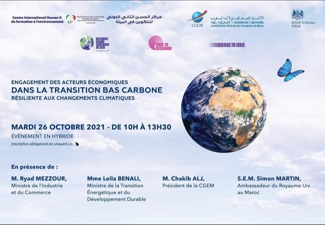 En préparation de la #cop26 #SaïdMouline a pris part à la rencontre 'Engagement des acteurs #économiques marocains dans la #transition #bas_carbone' organisée le 26 octobre par la #FM6E,la @CGEM_MA en collaboration avec @UKinMorocco