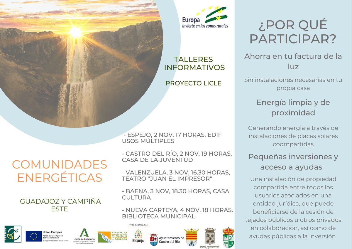 Andalucia_Rural's tweet photo. 💡Ahorra en tu factura de la luz con energía limpia y de proximidad gracias a los fondos #LEADER
👩💻🧑💻@Gdr_Guadajoz organiza talleres prácticos dirigidos a promover la creación de Comunidades Energéticas
🇪🇺🌿Esta iniciativa se enmarca dentro del proyecto de cooperación #LICLE https://t.co/lS5SETDm7c