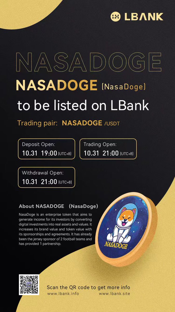 📢NEW LISTING

$NASADOGE gets listed on <a href="/LBank_Exchange/">LBank.com</a>

Trading: 9PM on 31 Oct (HKT) 

<a href="/nasadogetoken/">nasadoge</a> is an enterprise token that aims to generate income for its investors by converting digital investments into real assets and values

DETAILS:bit.ly/3Csvfe7