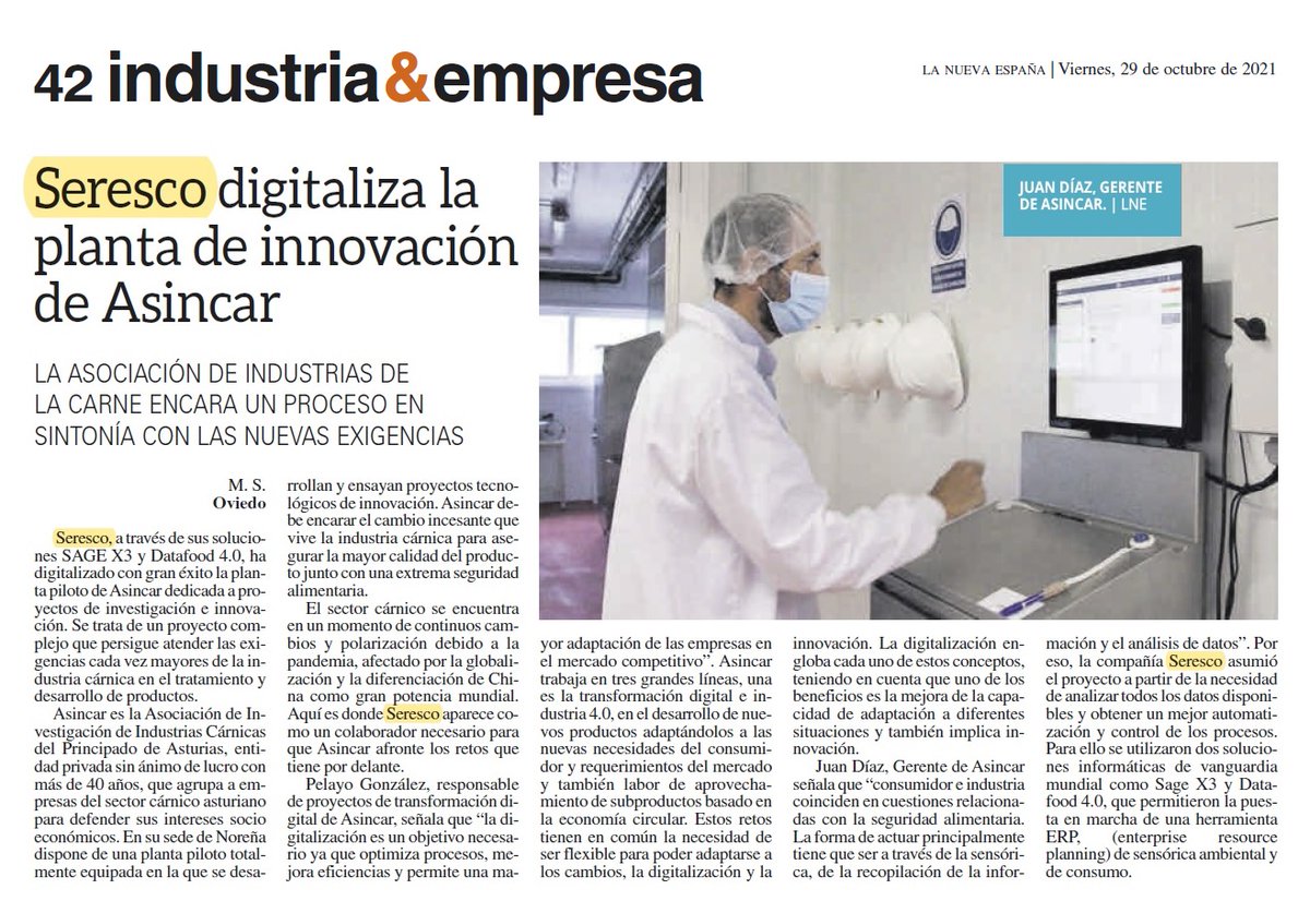 seresco's tweet photo. En @lanuevaespana: 

📰 @Seresco, a través de #SageX3 de @SageSpain y #DataFood40, digitaliza la planta de innovación de @asincar 

¡Un proyecto muy vanguardista del que nos encanta formar parte! 😊 https://t.co/t1aq7gyGuW