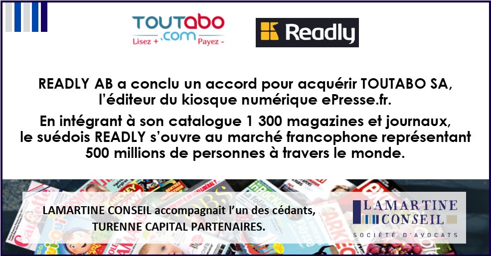 LC_avocats's tweet photo. [Deal] Cession de l’éditeur de presse numérique @Toutabo à @readly AB. L'équipe @LC_avocats  accompagnait l'un des cédants, @Turenne_Capital  Groupe.
👉 https://t.co/xbzgYyx8ra https://t.co/lEbzco2fmq