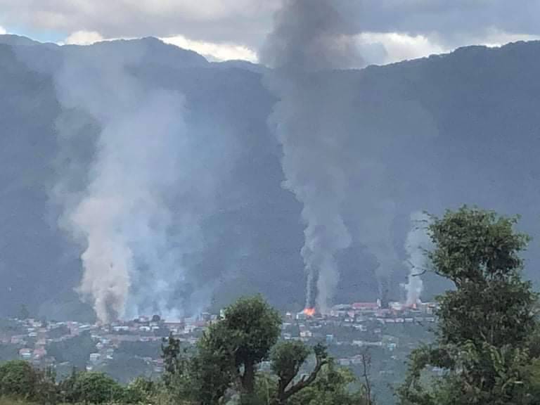 Junta soldiers are firing incendiary rockets into neighborhoods in Thantlang Town where fire start to burn from multiple locations all at once. The abandoned town of over 10,000 residents is now billowing smokes. Lt. Col. Thaung Hlaing is the chief military commander in the area.