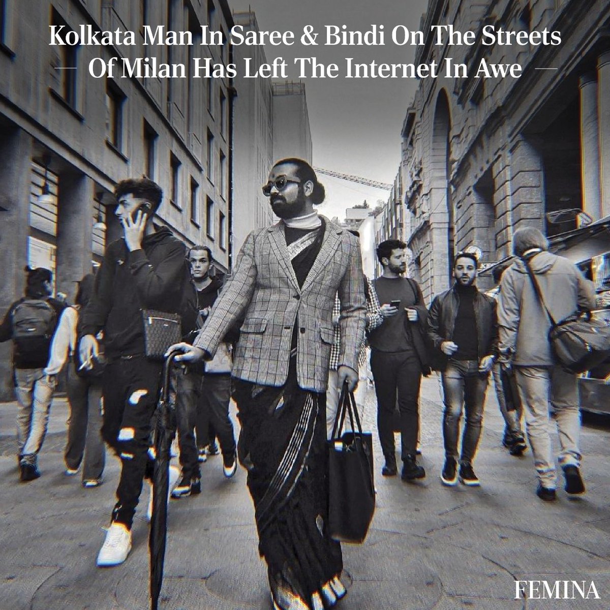 FeminaIndia's tweet photo. Pushpak Sen from #Kolkata recently posted a picture of himself in a saree and a bold #redbindi on the streets of #Milan. The response to his picture was overwhelmingly positive as people rightfully praised him for breaking #gendernorms https://t.co/2ZAXSg3CPc