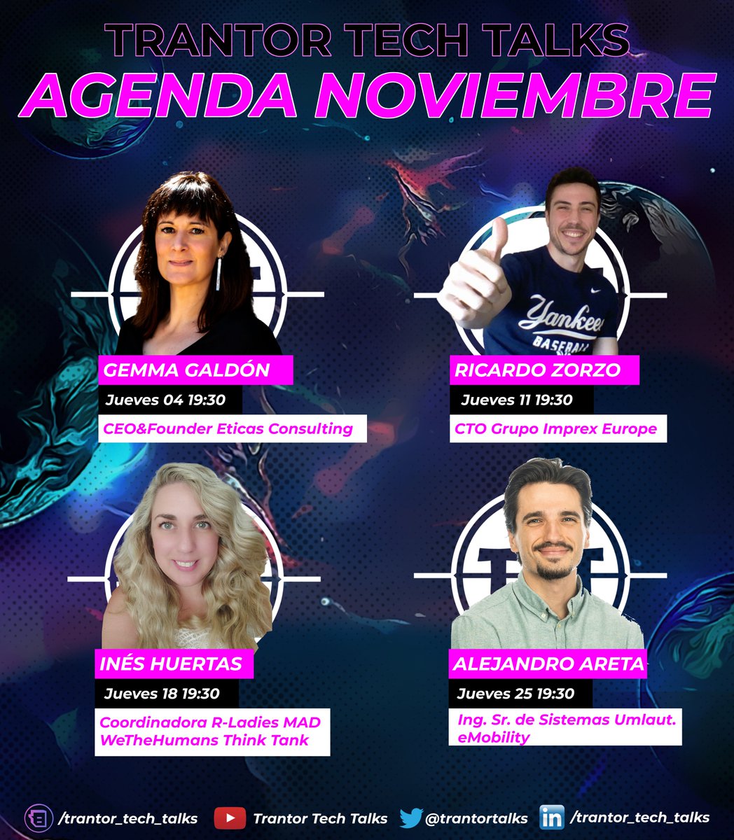 ¡Nuestra agenda de Noviembre es auténticamente espectacular! 

🚀Jueves 4: <a href="/gemmagaldon/">Gemma 🤖 ⚖️ ♀️</a> , CEO &amp; Founder @EticasConsult
🚀Jueves 11: <a href="/R_Zorzo/">R.Zorzo</a>, CTO <a href="/ImprexEurope/">Imprex Europe</a>
🚀Jueves 18: <a href="/quierodata/">Inés Huertas</a>: Coord. @RLadiesMAD, <a href="/WeTheHumansTT/">WeTheHumans</a>
🚀Jueves 25: Alejandro Areta, Ing. #eMobility en Umlaut