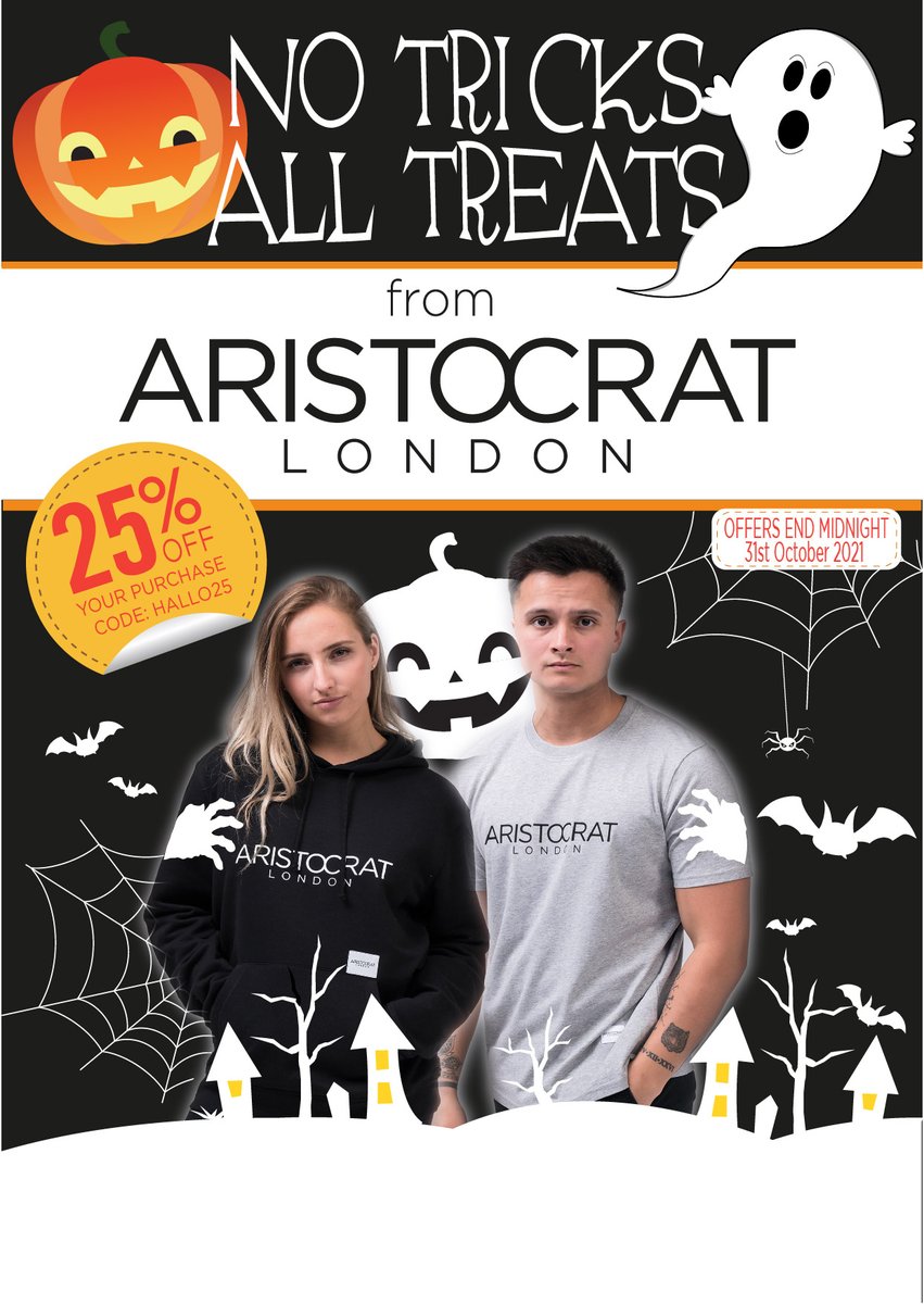 MariaMcLaughla3's tweet photo. Happy Halloween from Aristocrat London - get a massive 25% off your purchase hallo25 - 🎃👻☠️🪦💀
Don't miss out our Halloween Sale!!! - offers end MIDNIGHT (31st October 2021)!!! 
#aristocratldn #fashion #hoodie #sweatshirts #sustainability #Trendy 
https://t.co/EoVpeIFdve https://t.co/LCuzjYyNdS