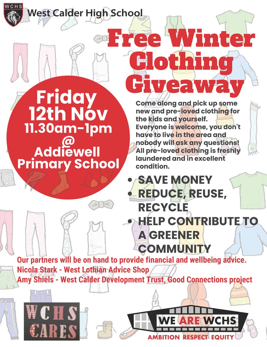 WINTER CLOTHING GIVEAWAY

Our Challenge Poverty Ambassadors and Mrs Shields have been hard at work organising our Free Winter Clothing Giveaway at <a href="/AddiewellPS/">Addiewell Primary and Early Years</a>

This event is open to anyone.

#WeAREWCHS #Respect #Equity #WCHSCares #ChallengePoverty