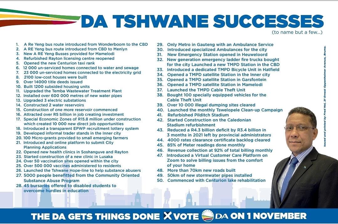 skmbuvha's tweet photo. DA Tshwane's Track Record, For The Record!!
With 50+1 we can do more
#VoteDA because #DAGetThingsDone https://t.co/xRd8HGOhJI