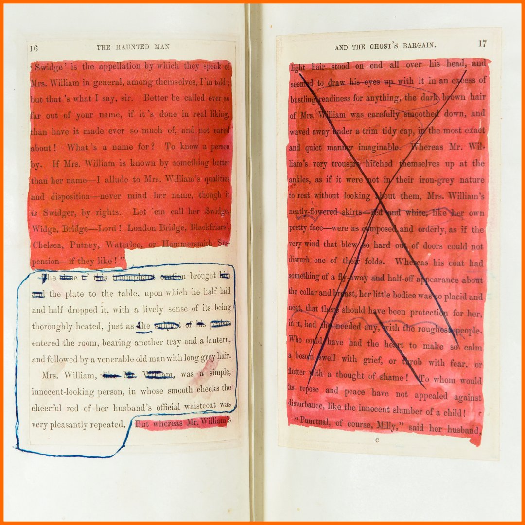 DickensMuseum's tweet photo. #Dickens often read his works aloud, both to friends and families and to paying public audiences. 🎭

He physically altered copies of his own works to assist him in performing  by blocking out passages. 

📸 Image| Dickens’s reading copy of The #Haunted Man, 1848 https://t.co/fNuFrpQE4m
