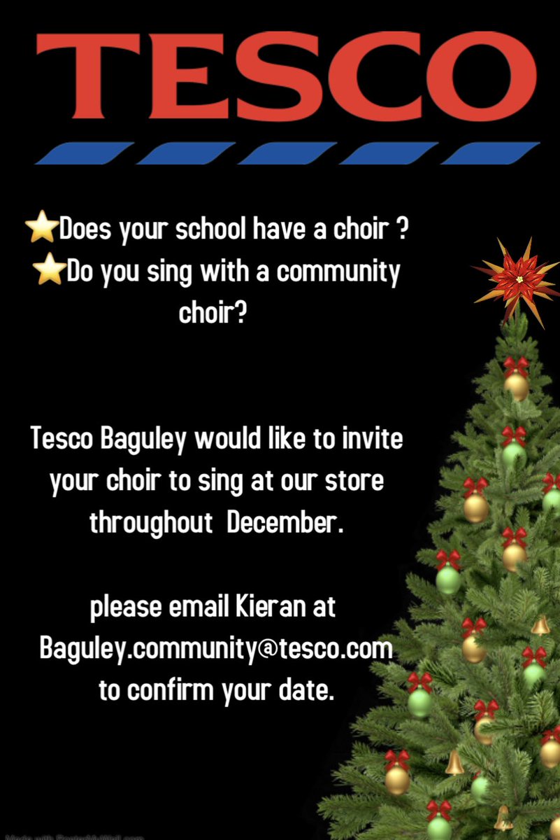 🎄🎄🎅🏻🎅🏻🎄🎄🎅🏻🎅🏻🎄🎄🎅🏻🎅🏻🎄🎄🎅🏻🎅🏻

#TescoBaguley would like to invite school choirs and local community choirs to sing at the store throughout December and collect donations . 

For more details please email the store,

Baguley.community@tesco.com 

🎄🎅🏻🎅🏻🎄🎄🎅🏻🎅🏻🎄🎄🎅🏻🎅🏻🎄🎄🎅🏻