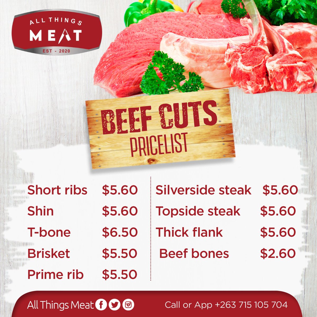 AllThingsMeatZw's tweet photo. @allthingsmeat_zw new beef pricelists alert.

Follow our page to stay informed and upto date.

#NiceToMeatYou
.
.
.
#meat #RecipeOfTheDay #Fish #Mackerel #meat #Recipe #steaks #platter  #Tbone 
#AllThingsMeat #Nyama #NiceToMeatYou https://t.co/ZQYC5GqEXM