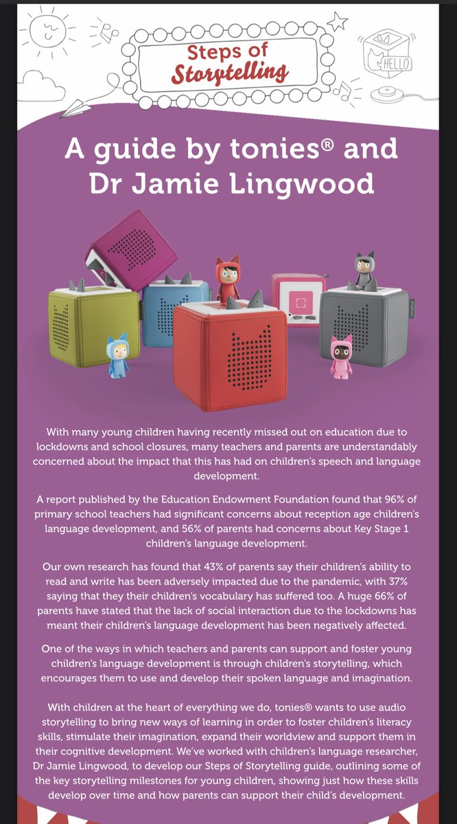 Our very own <a href="/LingwoodJamie/">Jamie Lingwood</a> has been working with <a href="/tonies_UK/">tonies UK</a> on the Steps of Storytelling programme. These research informed tips for families will be available soon! Keep an eye out. A taster available in the image below.