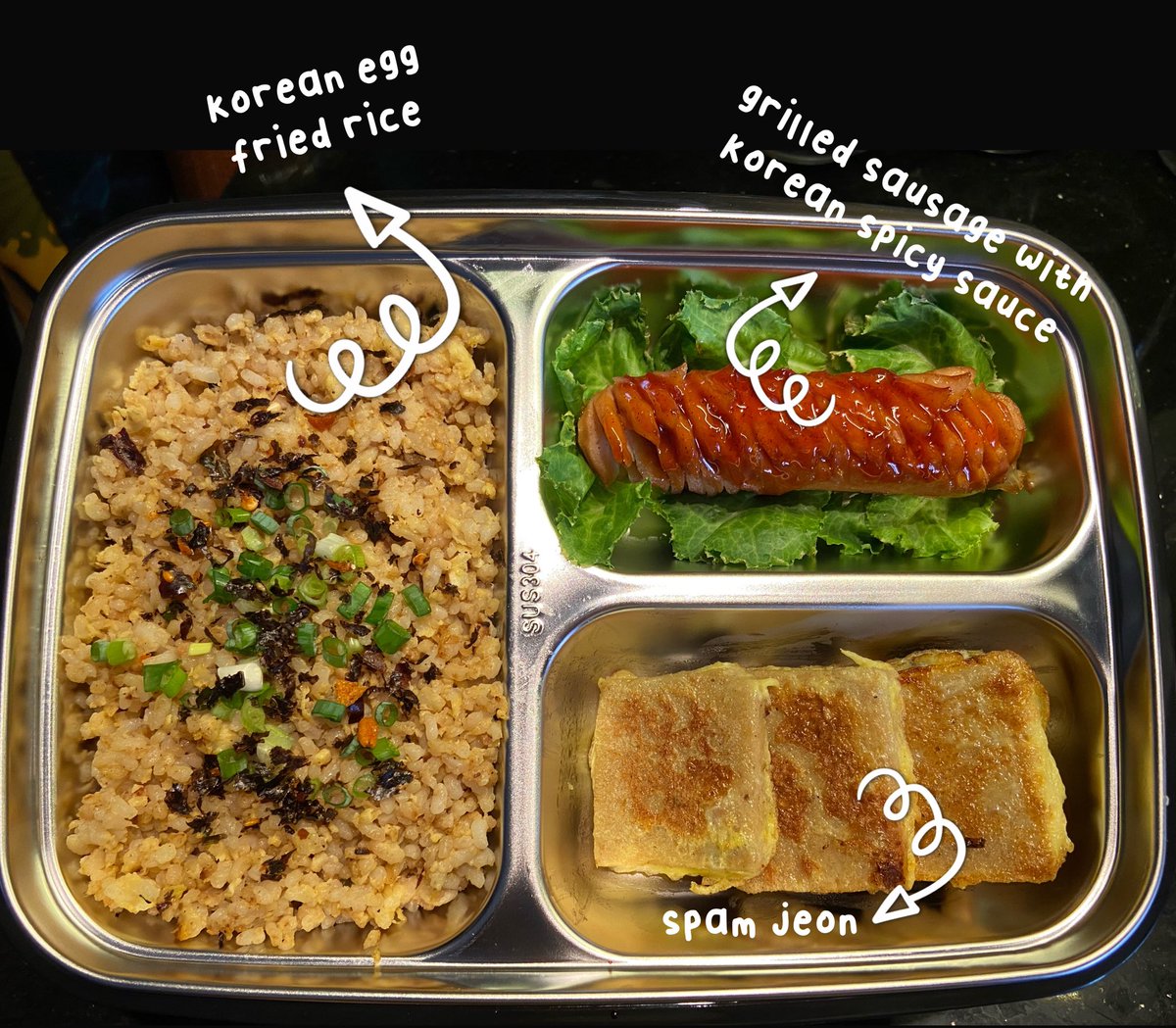 bypinkpaws's tweet photo. My current favorite lunchbox 🍱✨

Egg fried rice with only 4 ingredients that is very easy and fast to cook, combined with delicious sausage and spam. I can eat this in just 5 minutes because it's so delicious ><♡ 

#2021KCultureFestival #KFOODCHALLENGE @Kculturefest https://t.co/PHBEmMMkzG