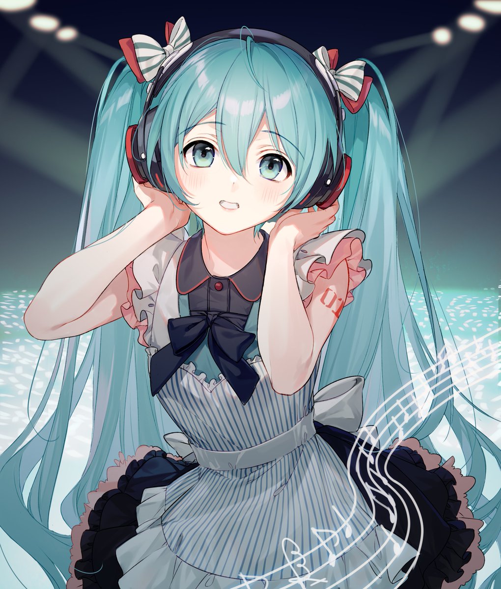 hatsune miku 1girl solo long hair headphones twintails apron looking at viewer  illustration images