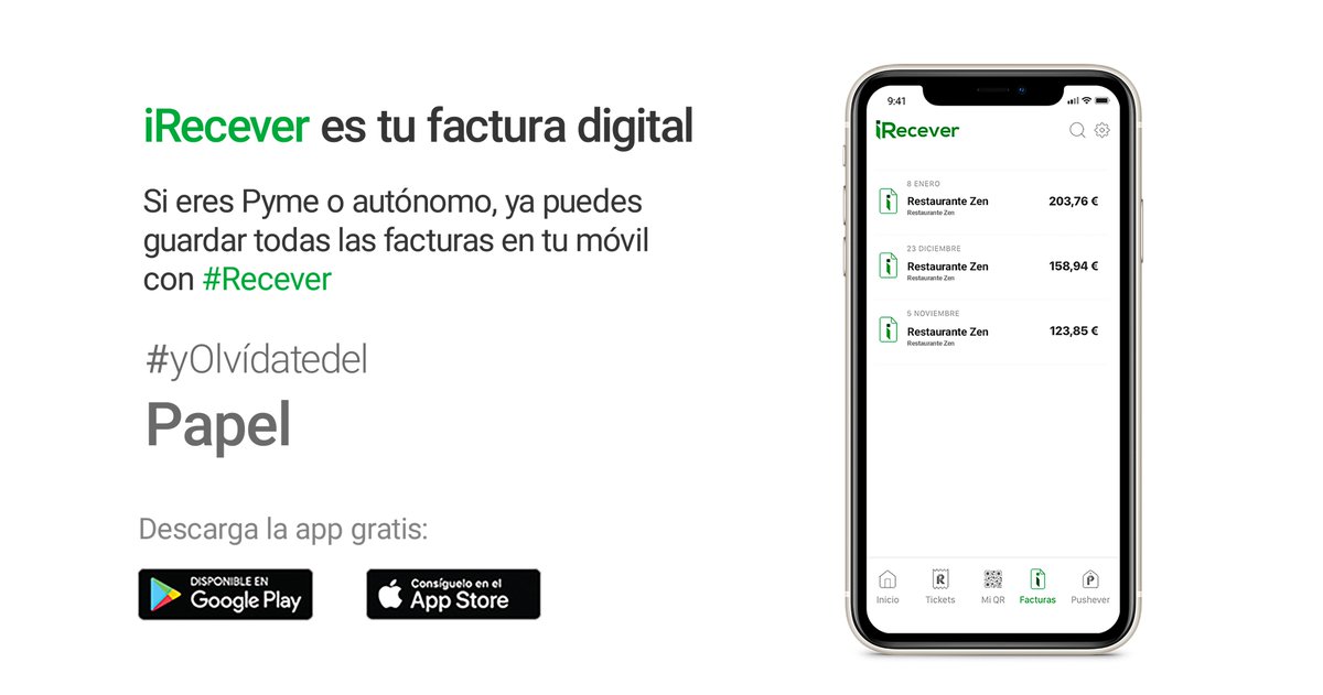 Recever's tweet photo. 𝗶𝗥𝗲𝗰𝗲𝘃𝗲𝗿 es tu factura digital 🧾✅

👉 Cumple la normativa de facturación de la Agencia Tributaria

Si eres Pyme o autónomo, ya puedes guardar todas las facturas en tu móvil con #Recever

➡️ App Store: https://t.co/GGnleEQH54
➡️ Google Play: https://t.co/kcLvUOuTst https://t.co/QY7weK9fLA