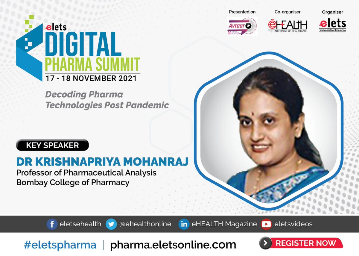 ehealthonline's tweet photo. Announcing! Dr Krishnapriya Mohanraj, Professor of Pharmaceutical Analysis, @BCP_Autonomous will be speaking at Elets Digital Pharma Summit on 17 – 18 November 2021.

Visit: https://t.co/qjpzWWyHzc

#eletsdigitalpharma #eletspharma https://t.co/0YgdmbR821