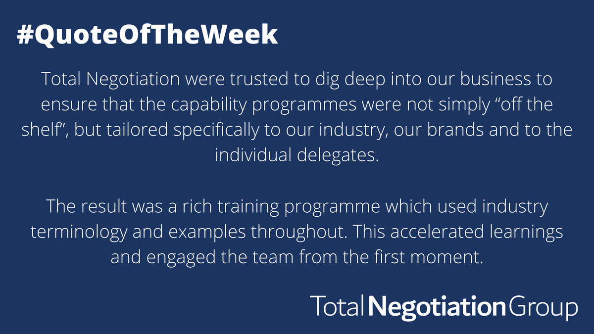 Tot_Negotiation's tweet photo. At Total Negotiation we tailor our offer to your industry as highlighted in this week's quote. If you’re interested to find out how we can support you, please email us at info@totalnegotiation.com!
#TotalNegotiation #NegotiationSupport #Negotiation #Training #SupplierPartner https://t.co/fXjJ95gS2a