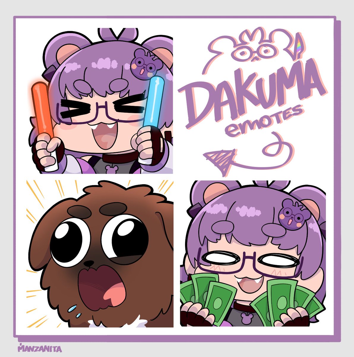 I was in charge of making the twitch emotes for Dakuma the purple bear 💜🐻 