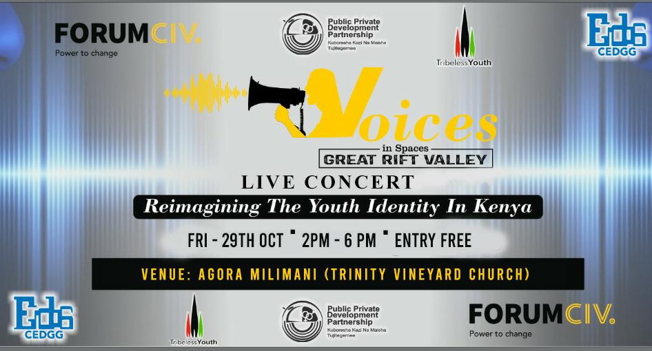 Maskani254's tweet photo. Live Concert #VoicesInSpaces by @ForumCivHubESA: Catch the culmination of the great #GreatRiftVoices
Where: Agora Milimani (Trinity Vineyard Church), Nakuru. Reimagining the Youth Identity in Kenya.
Time: 2:00pm-6:00pm
Entry is free https://t.co/5Aq6XEEVf6