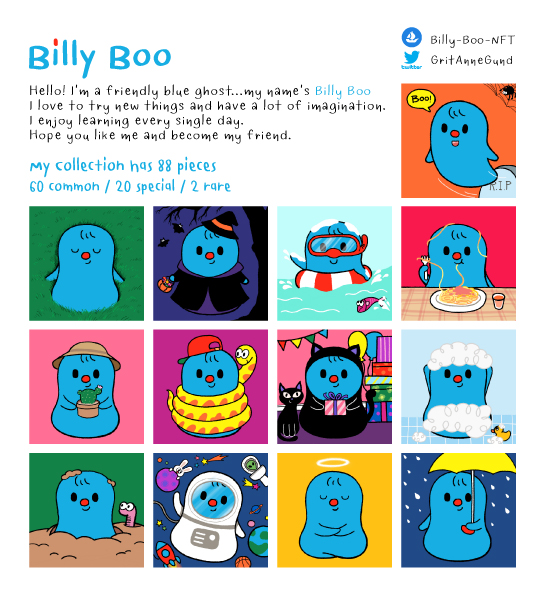 Hello! everyone here is my first NFTcollection.
💙Billy Boo💙 he is a cute little blue ghost.
His character was inspired by my kids.
Every piece is hand drawn 1/1 and made with love.
I hope you like him and become his friend.
opensea.io/collection/bil…