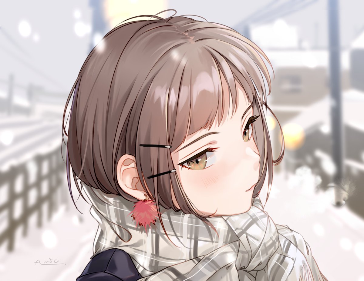 1girl solo scarf brown hair looking at viewer brown eyes hair ornament  illustration images
