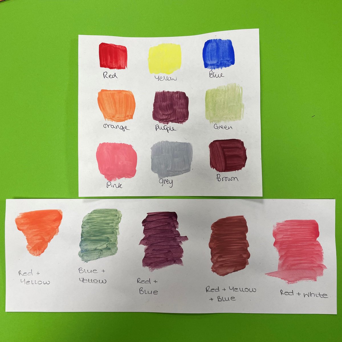 YSJEduTech's tweet image. Some examples of colour mixing from Laura Grayson&apos;s Y2 art painting session!