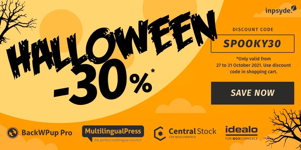 syde_gmbh's tweet photo. Inpsyde's Halloween #Sale is in full swing! 🎃🕸🕷👻 Get a supernatural 30% #discount 💰 on our #WordPress #Plugins #BackWPup, #MultilingualPress, CentralStock for #WooCommerce and #idealo for WooCommerce! Valid until October 31.
➡ https://t.co/4sskQ8uG52 https://t.co/574JxxfQIf