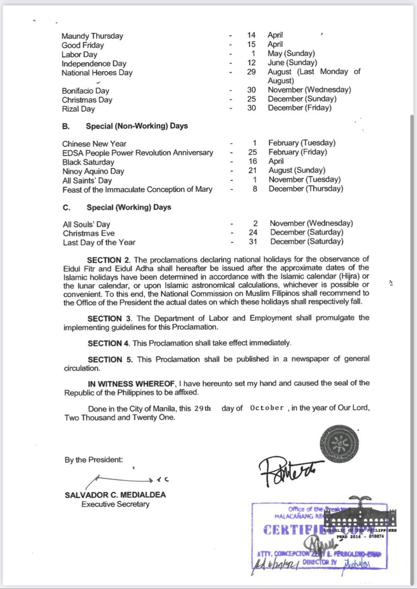 ABSCBNNews's tweet photo. For 2022, President Duterte declares All Souls Day (Nov 2), Christmas Eve (Dec 24) and the last day of the year (Dec 31) Special Working Days | via @pia_gutierrez 
https://t.co/hL0k38J7eZ
