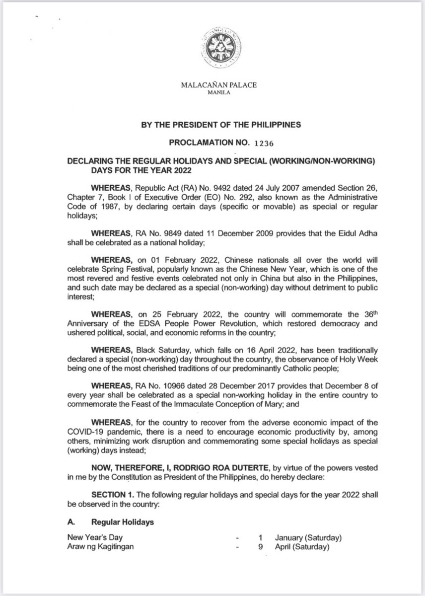 ABSCBNNews's tweet photo. For 2022, President Duterte declares All Souls Day (Nov 2), Christmas Eve (Dec 24) and the last day of the year (Dec 31) Special Working Days | via @pia_gutierrez 
https://t.co/hL0k38J7eZ