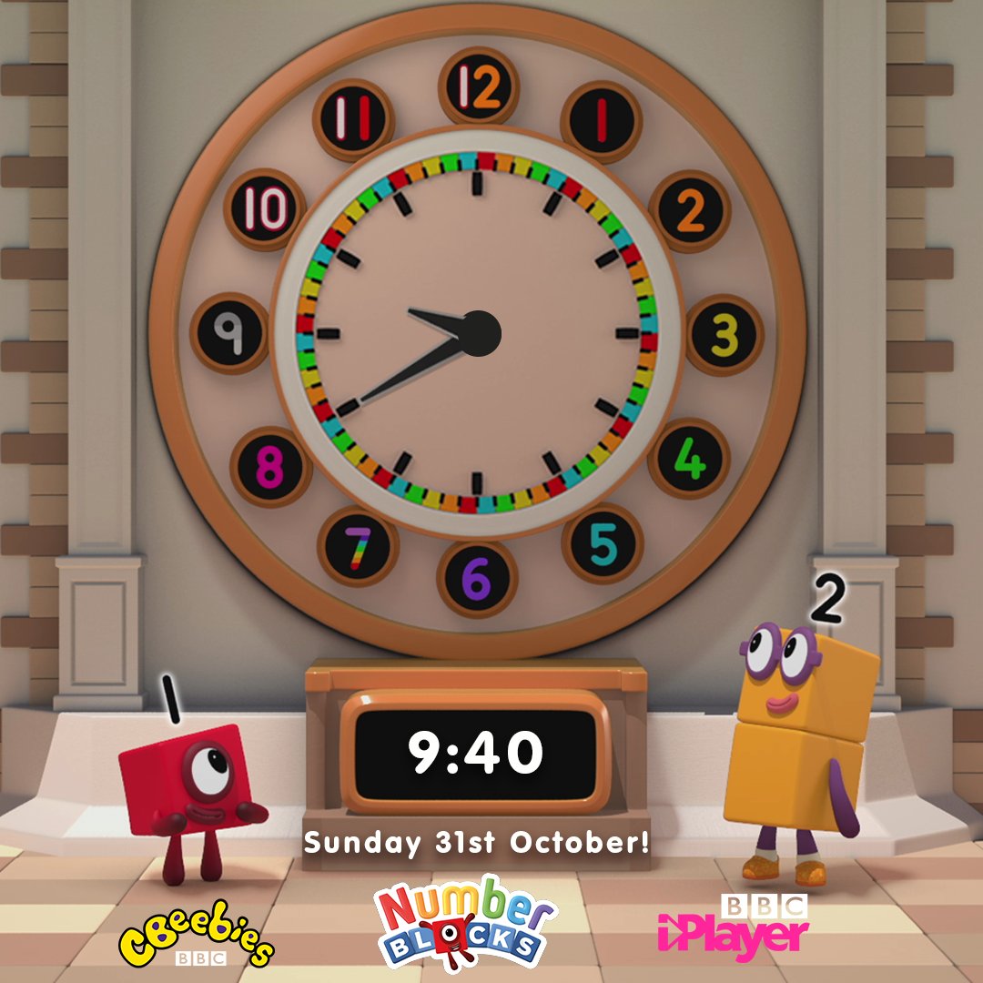 numberblocks's tweet photo. 📢 Stop the clock! Do you remember learning how to tell the time? 🕐 It can be a little tricky learning the difference between the long and short hand. We're here to help! It's time to learn all about how time works with the Numberblocks on @CBeebiesHQ this Sunday at 9.40am! ✨ https://t.co/RfWZDE5Li5