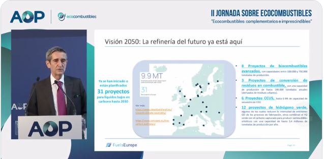 ‘The future is already here!’ <a href="/FuelsEurope/">FuelsEurope</a> President #LuisCabra, at @AOP_es conference, mentioned the 30 #lowcarbonliquidfuels projects that the EU Refining Industry has developed. ‘We are part of the solution’. Find them here: cleanfuelsforall.eu

#CleanFuelsforAll