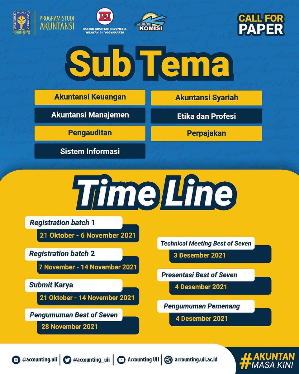accounting_uii's tweet photo. [SAP CALL FOR PAPER]

Hallo mahasiswa/i Akuntansi seluruh Indonesia👋🏻
Super Accounting Program kembali hadir untuk yang ke 11 kalinya dengan acara baru "SAP Call for Paper" yuk disimak infonya.
#AkuntansiUII
#Accounting
#FBEUII
#UIIYogyakarta
#SuperAccountingProgram
#SAP11
#Paper https://t.co/BIpPmZtzJh