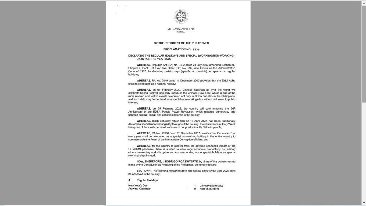 gmanews's tweet photo. JUST IN: President Rodrigo Duterte declares November 2, December 24 and December 31, 2022 as working days for the second straight year | @llanescajourno https://t.co/6l1wP8JXyF