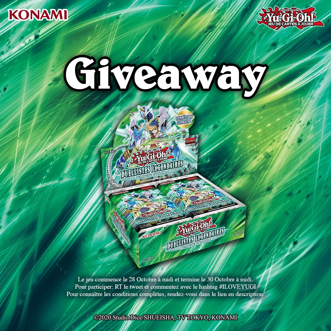 KONAMIFR's tweet photo. CONCOURS ! 🔥
Tentez de gagner 1 display : Duellistes Légendaires : Syncho Storm  #yugioh

Fin du concours Samedi 30 Octobre à midi !

Pour participer : 

- RT &amp; Follow @KONAMIFR 
- Mettre #ILOVEYUGI en commentaire

Détails ici : https://t.co/jseImrzmcS

Bonne chance à tous ! https://t.co/cbboJkjrd4