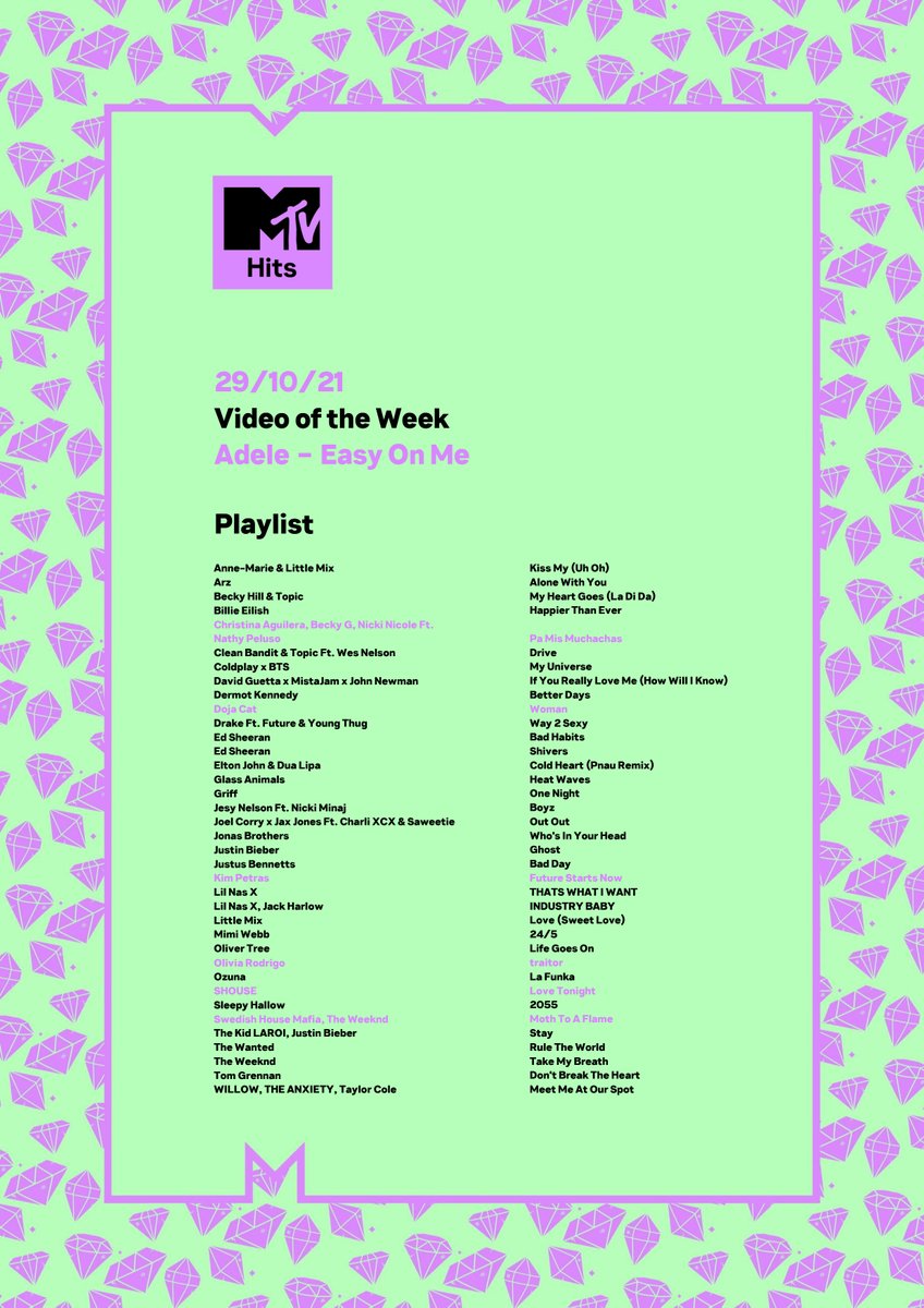 MTVMusicUK's tweet photo. Show some 💜 for the vids that have made this week's MTV Hits Playlist 🎉 shoutout to...
@Adele 
@xtina 
@iambeckyg 
@naikinai19 
@NathyPeluso 
@DojaCat 
@kimpetras 
@oliviarodrigo 
@Shouse_shouse 
@swedishousemfia 
@theweeknd 
Full playlist 👉 https://t.co/JN6INsRro3 https://t.co/UEek9Uaxnb