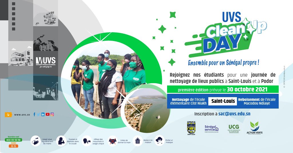 unchk_sn's tweet photo. [#ServiceALaCommunauté]

Le lancement du programme « #UVS_CleanUpDay » est prévu demain, samedi 30 oct. 2021. Rendez-vous à Saint-Louis pour une journée de nettoyage et de reboisement. Plus d’informations sur l’affiche 👇🏽. 
Ensemble pour un #Sénégal propre !
#UVS_SAC #kebetu #UVS https://t.co/g8xsvsrRz7