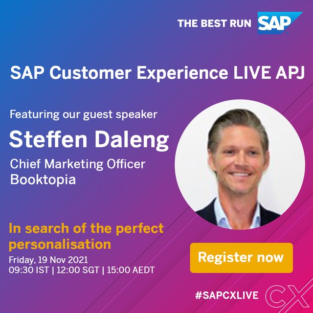 BenKyaw's tweet photo. Sign up for our Day 4 #CXKeepingItREAL show featuring Steffen Daleng, CMO at Booktopia to talk about personalisation as we are searching what perfect looks like. Get your complimentary pass today and book your virtual seat! https://t.co/c47kFoTDna https://t.co/R6lqQ0kA8S