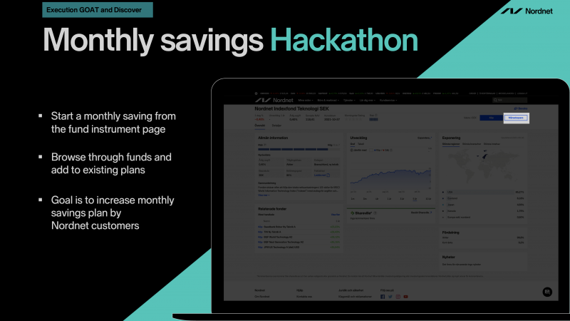 RJarborg's tweet photo. Let’s sneak out a little hackathon release! (We run hackathons weeks 13 +37). 

You can now initiate a monthly saving from any mutual fund instrument page or add a fund that way to any existing savings plan.

#alwaysbeshipping #fintech #nordnet #hackathon #next #web #1337 https://t.co/8bXOtih1zB