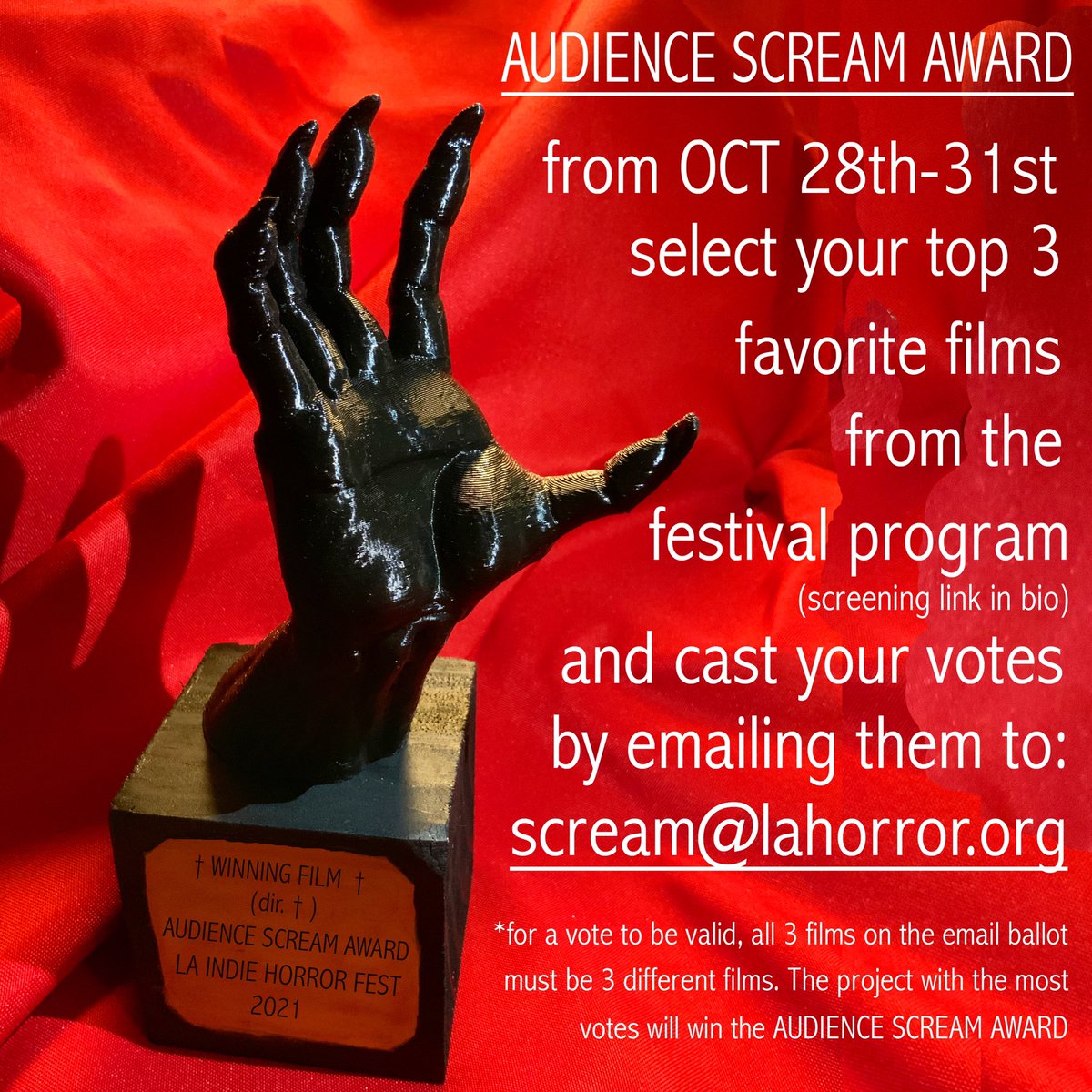 🩸 Don’t forget to cast your vote for the AUDIENCE SCREAM AWARD 👻🧟‍♂️🧛‍♀️🎃💀 email your top 3 favorite films from the festival program (link in bio) to: scream@lahorror.org