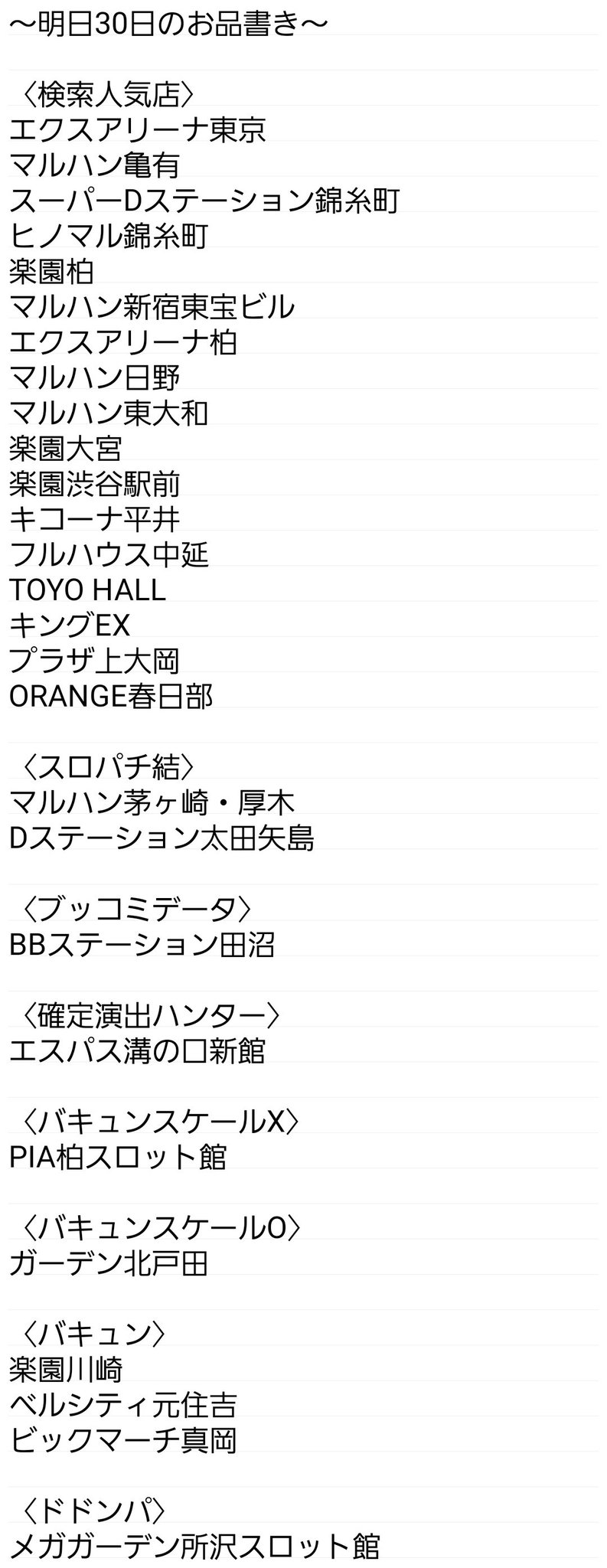 荻吉 スロ 明日30日のお品書き 検索人気店 エクスアリーナ東京 マルハン亀有 スーパーdステーション錦糸町 ヒノマル錦糸町 楽園柏 マルハン新宿東宝ビル エクスアリーナ柏 マルハン日野 マルハン東大和 楽園大宮 楽園渋谷駅前 キコーナ平井