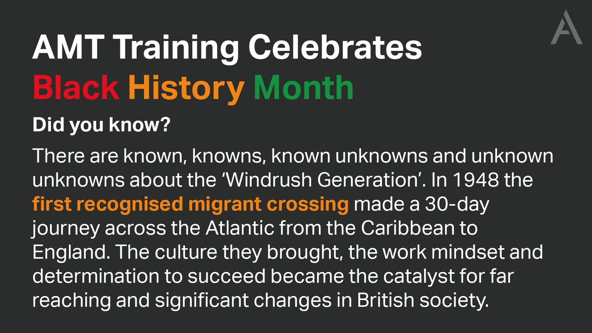 AMTtraining's tweet photo. As Black History Month comes to an end,  we'd like to share another fact about black history to celebrate African and Caribbean heritage.
Recommended read: Windrush, The Irresistible Rise of Multi-Racial Britain, by Mike Phillips
#blackhistory #bhm #blackhistorymonth #amttraining https://t.co/n9h04J40rm