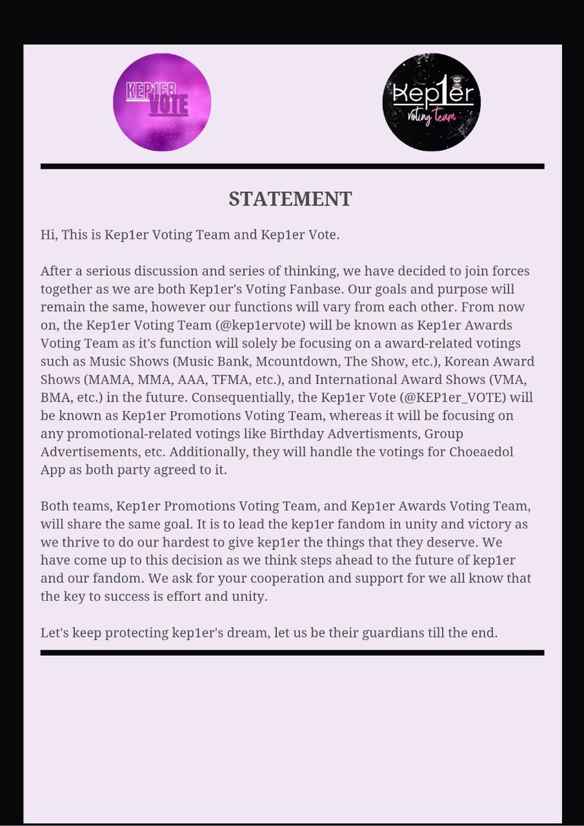 kep1er_awards's tweet photo. [STATEMENT] 

Hi, this is Kep1er Voting Team. This statement is to inform you all that we will be changing our name into "Kep1er Awards Voting Team" due to the agreement that we, and @KEP1er_VOTE have made. Thank you. 

#Kep1er 
@official_kep1er https://t.co/sjUupwkNVe