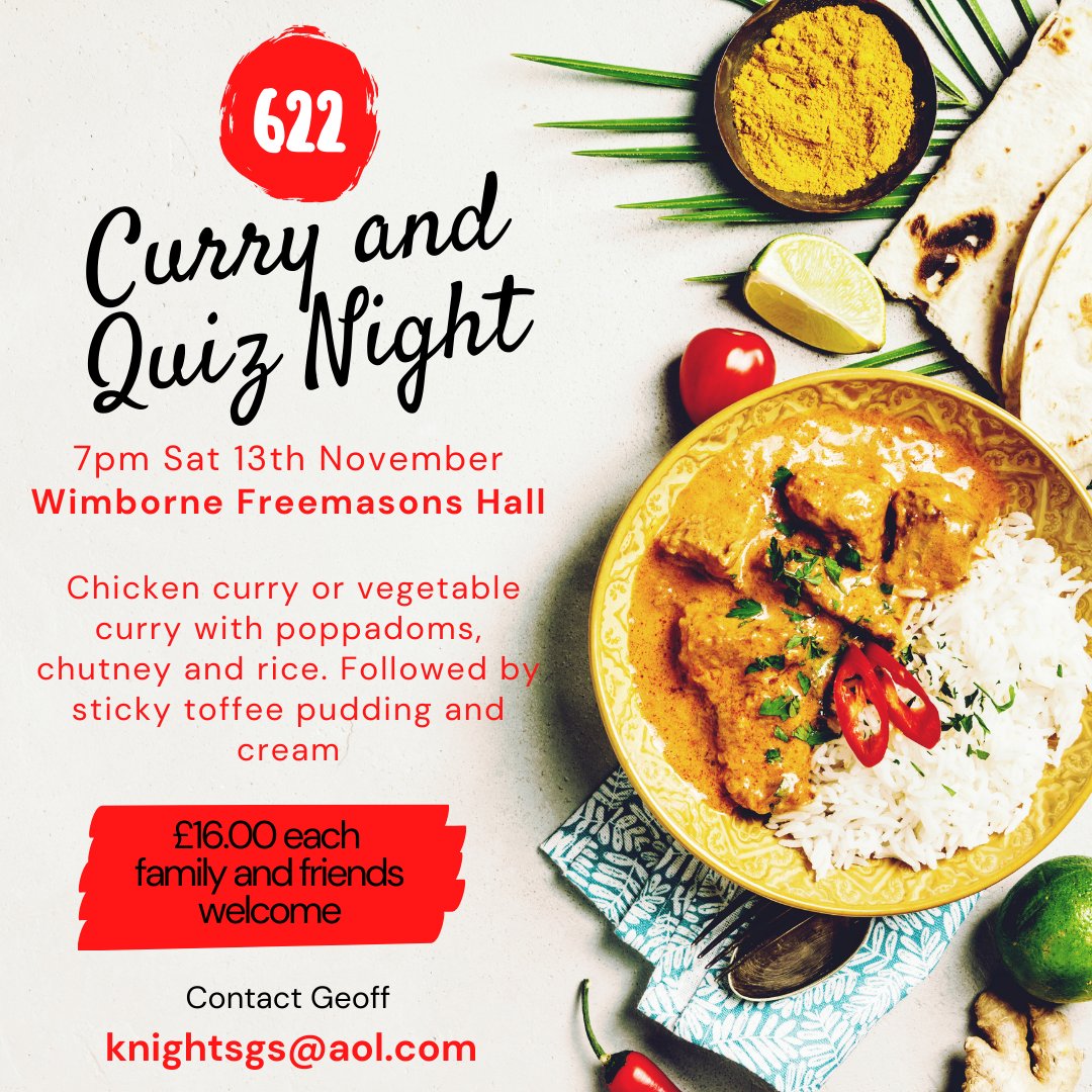 622 curry and quiz in Wimborne 
<a href="/Llewellin7907/">Llewellin Lodge 7907</a> <a href="/Lodge9050/">Amphibious Lodge</a> <a href="/Amity137/">Lodge Of Amity 137</a> <a href="/Broadstone8641/">Broadstone Lodge</a> <a href="/DorsetMason/">Dorset Freemasons</a> <a href="/DorsetSportsmen/">Sportmen's Lodge</a> @jameswhatley36 <a href="/dunckerley3878/">dunckerleylodge3878</a> <a href="/TheAshleyLodge/">The Ashley Lodge</a>