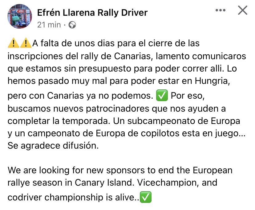 Sin presupuesto <a href="/efren_llarena/">Efren llarena</a> y <a href="/FernandezSara14/">Sara Fernández</a> para salir en la última prueba del <a href="/FIAERC/">FIA European Rally Championship</a>, el <a href="/RIslasCanarias/">Rally Islas Canarias</a>.

Máxima difusión, a ver si entre todos podemos darle visibilidad y que lleguen ayudas..está en juego un subcampeonato y un campeonato de copilotos..🤷🏻‍♂️

#ERC

🙏🏼🙏🏼🙏🏼
