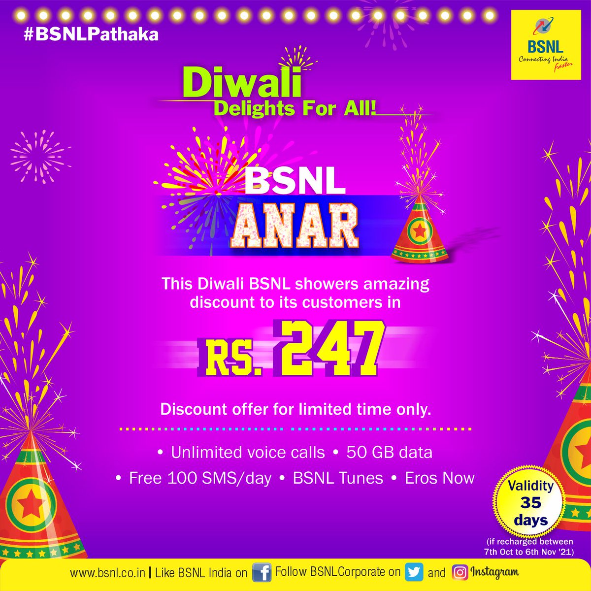 BSNLCorporate's tweet photo. Amazing #Deals shower this #Diwali from #BSNL.
Avail this #Pathaka offer and a Happy and Safe Diwali! #BSNLPathaka #DiwaliOffer #BSNL247 #STV247 https://t.co/3emUQrfF1L