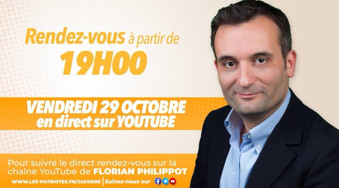 PatriotesIsere's tweet photo. ⚠️LE RDV DE LA SOIRÉE @f_philippot président du mouvement @_LesPatriotes en direct sur sa chaine Youtube! 🇫🇷
📆 Ce soir
🕖 À 19h
🥳 Soyez présent !
➡️ Lien : https://t.co/tGwfM9qkoh
(Abonnez-vous par ailleurs)
#FlorianPhilippot #LesPatriotes #NonauPassSanitaire
#liberté #frexit https://t.co/drXoB34GJq