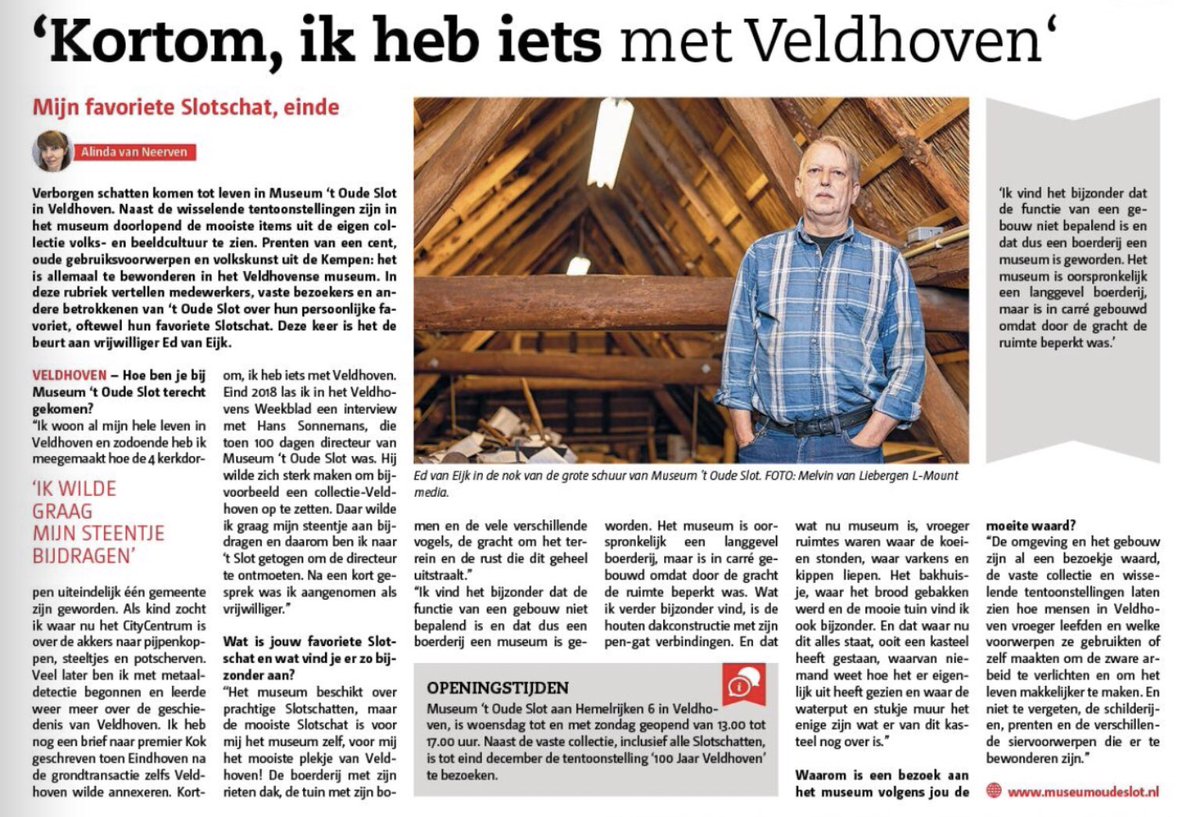 Onze handige en zeer gewaardeerde vrijwilliger Ed van Eijk sluit de rubriek ‘Mijn favoriete Slotschat’ af in Veldhovens Weekblad. Zijn favoriet is het #museum zelf, voor Ed ‘het mooiste plekje van #Veldhoven’: museumoudeslot.nl/nieuws/mijn-fa… #museumoudeslot #erfgoed #volkskunst