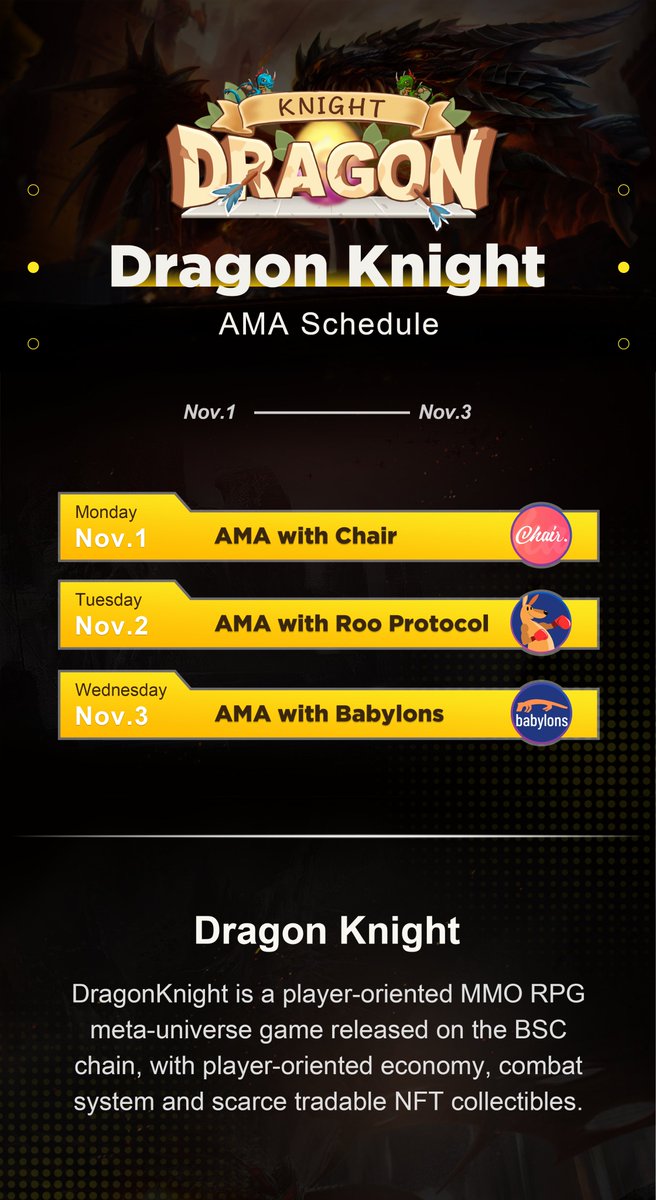DragonKnight_io's tweet photo. 📢@DragonKnight_io #AMA Schedule📒 is updated!!
⏰- Nov.1th AMA with @Chair_Finance
⏲️- Nov.2th AMA with #RooProtocol
🕰️- Nov.3th AMA with @BabylonsNFT
A lot of #rewards are waiting for you!🎁
🔗Details: https://t.co/9gemqKT8YK🎮
@BinanceChain @bsc_daily @BscProjectOrg https://t.co/LBnWrrGeAJ