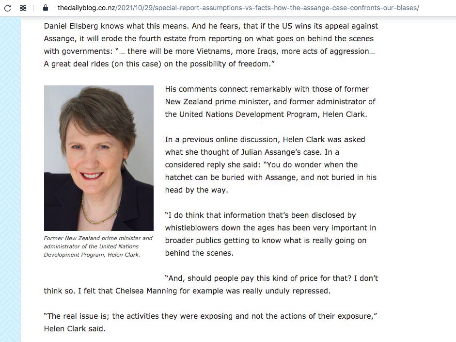 KimDotcom's tweet photo. The former Prime Minister of New Zealand @HelenClarkNZ said this about Julian Assange and I love her for it. I doubt what happened to my family under John Key would have happened under her leadership. https://t.co/Grw4RBwE8X